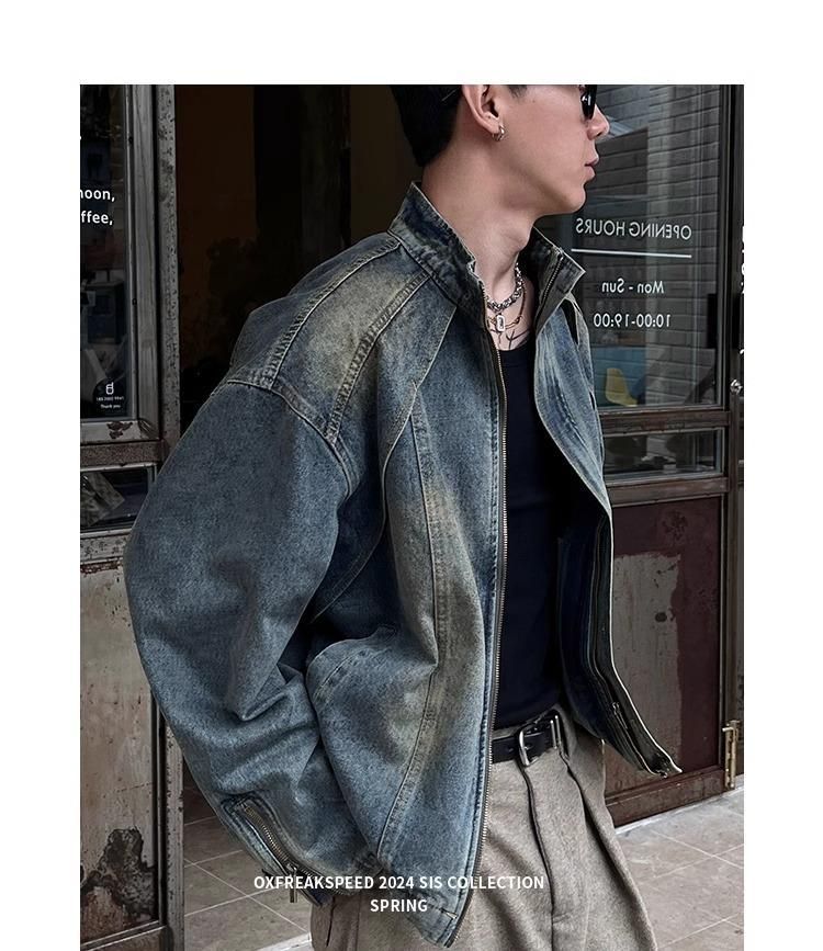 Men's Clothing Retro Deconstructed Raw Edge Washed Denim Jacket Street Zipper Stand Collar Motorcycle Jacket Short Tassel_voghion.com