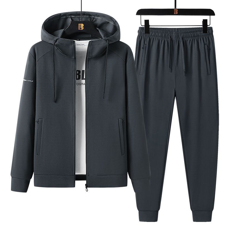 Zweiteiliger Herren-Sportanzug für Frühling und Herbst, geeignet für junge und mittelalte Männer, mit Kapuze, einfarbig, langärmelig und mit langer Hose._voghion.com