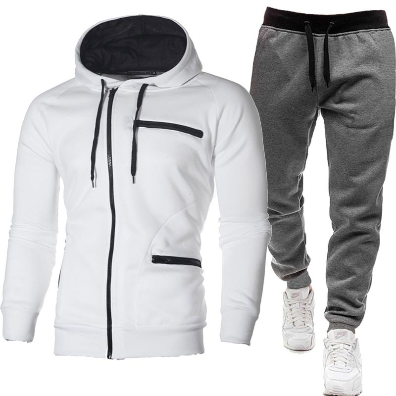 Nuevo conjunto de sudadera con capucha y chaqueta y pantalones deportivos de color sólido con cremallera informal para hombre_voghion.com