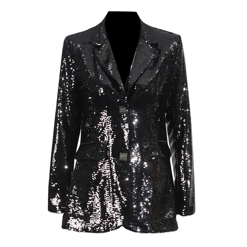 Abbigliamento da donna, design alla moda, piccolo abito con paillettes, elegante blazer con paillettes per donna - giacca da ufficio slim fit con scollo a V e design che stringe la vita_voghion.com