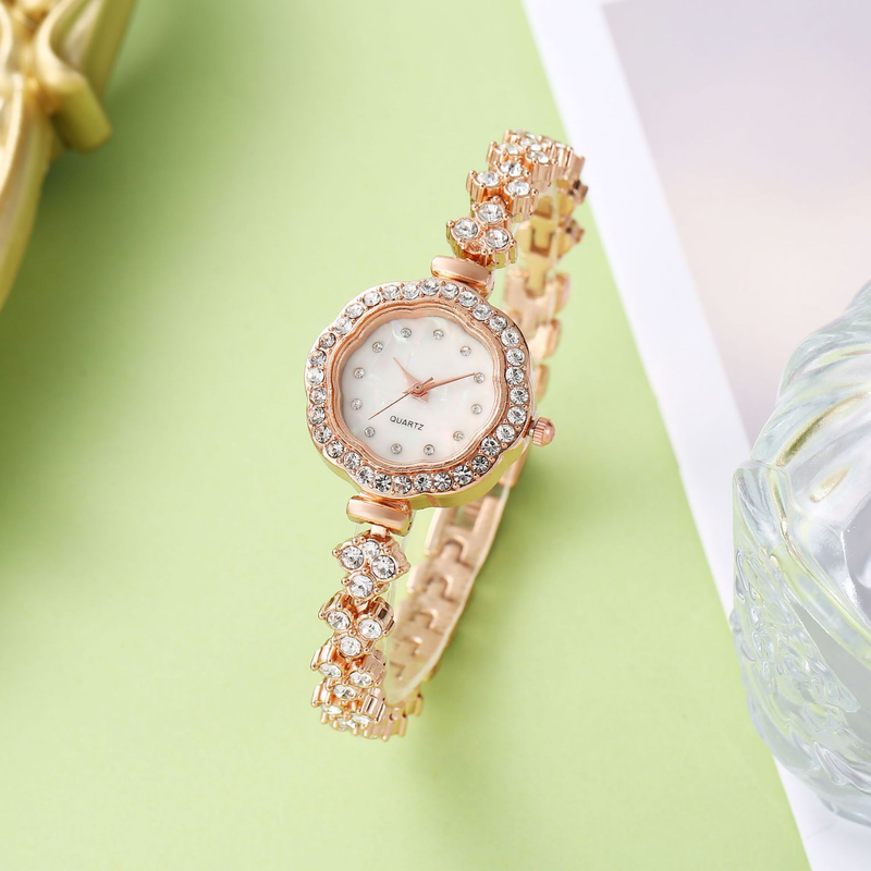 Orologio da polso da donna con cinturino in acciaio, quadrante rotondo piccolo, motivo floreale al quarzo e catena in metallo_voghion.com