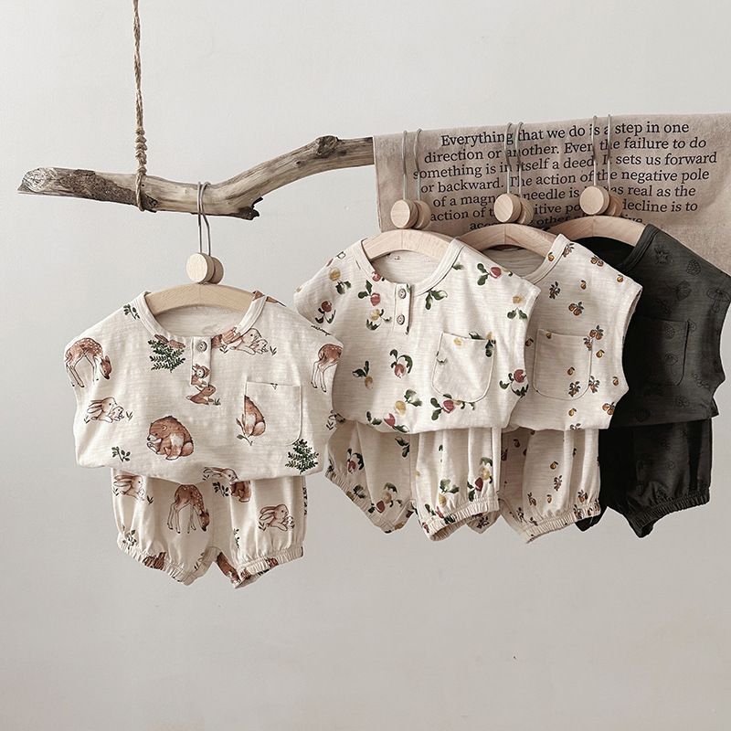 Ins Nordic Style Children's Suit Summer Cotton Children's Sleeveless Vest Fruit Floral Suit Baby Two Piece Suit_voghion.com