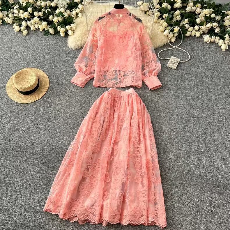 Damenbekleidung Eleganter und stilvoller Laternenärmel Besticktes Netzhemd Hohe Taille Weiter Swingrock Frühlings-Zweiteiler_voghion.com
