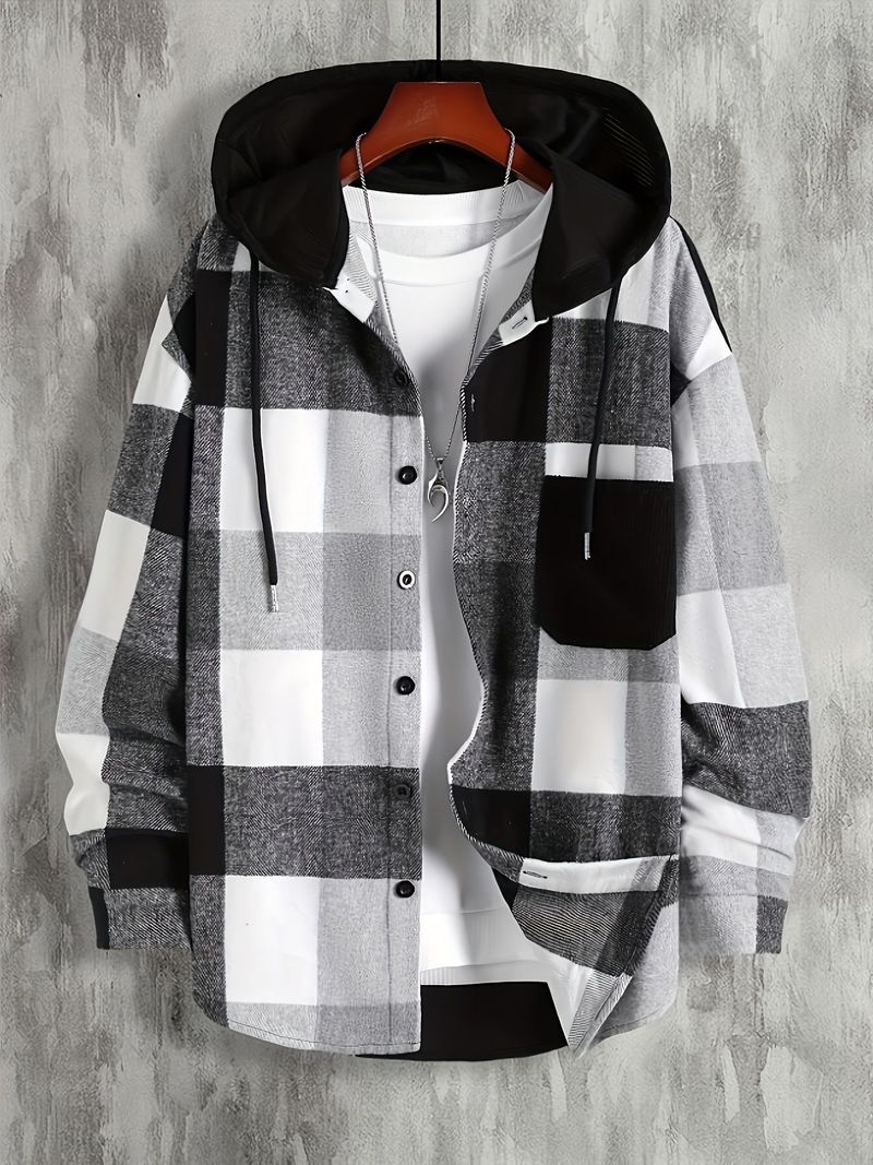 Men's Long Sleeve Casual Shirt With Hood & Pocket, Plaid Pattern, Thickened Cotton Blend, Relaxed Fit For Winter & Spring_voghion.com