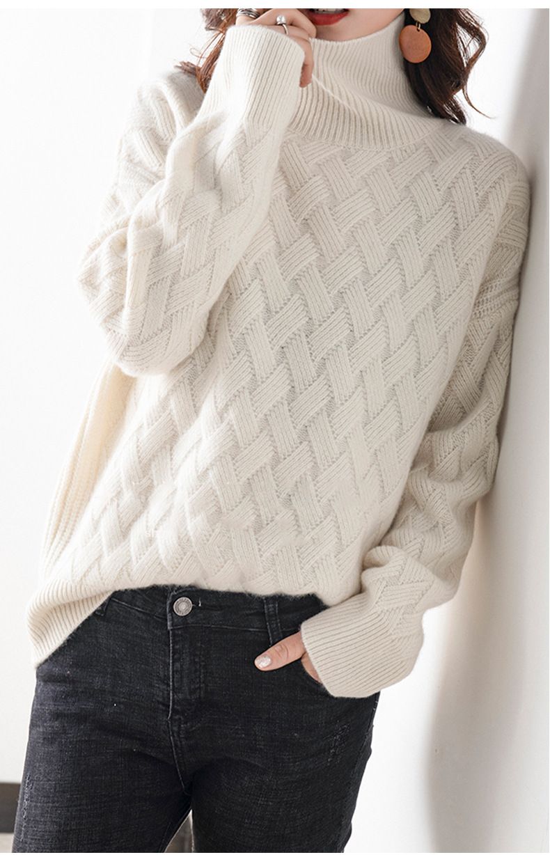 Maglione caldo a coste con collo alto per donna, autunno inverno 2024, nuova maglia base coreana spessa, stile allentato e pigro_voghion.com