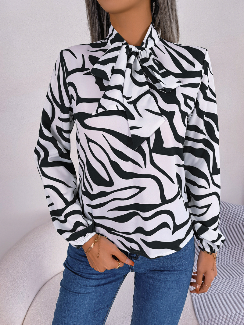 Blusa feminina com decote em v manga comprida estampa listrada casual solta camisa de trabalho elegante blusa de negócios_voghion.com