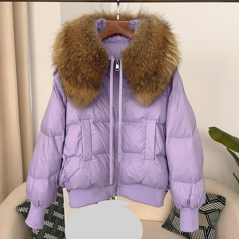 Dameskleding Oversized wasbeerbontkraag Winter Dames korte verdikte witte eendendonsjas platte jas jas_voghion.com