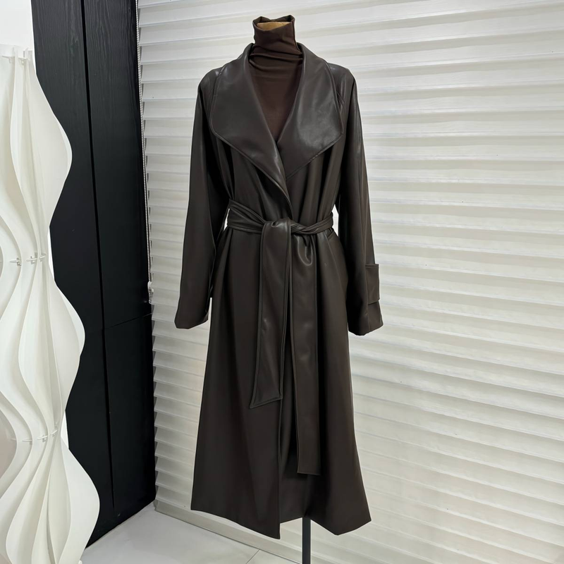 Dame lang motorcykel snøre Slim Pu læderfrakke Trench Coat_voghion.com