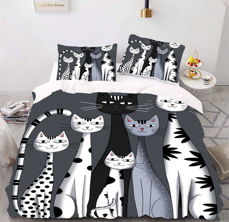 Set de 3 piese cu pisică - Include 1 husă de pilotă și 2 fețe de pernă, fabricat din fibră de poliester moale și respirabilă, oferind o experiență confortabilă_voghion.com