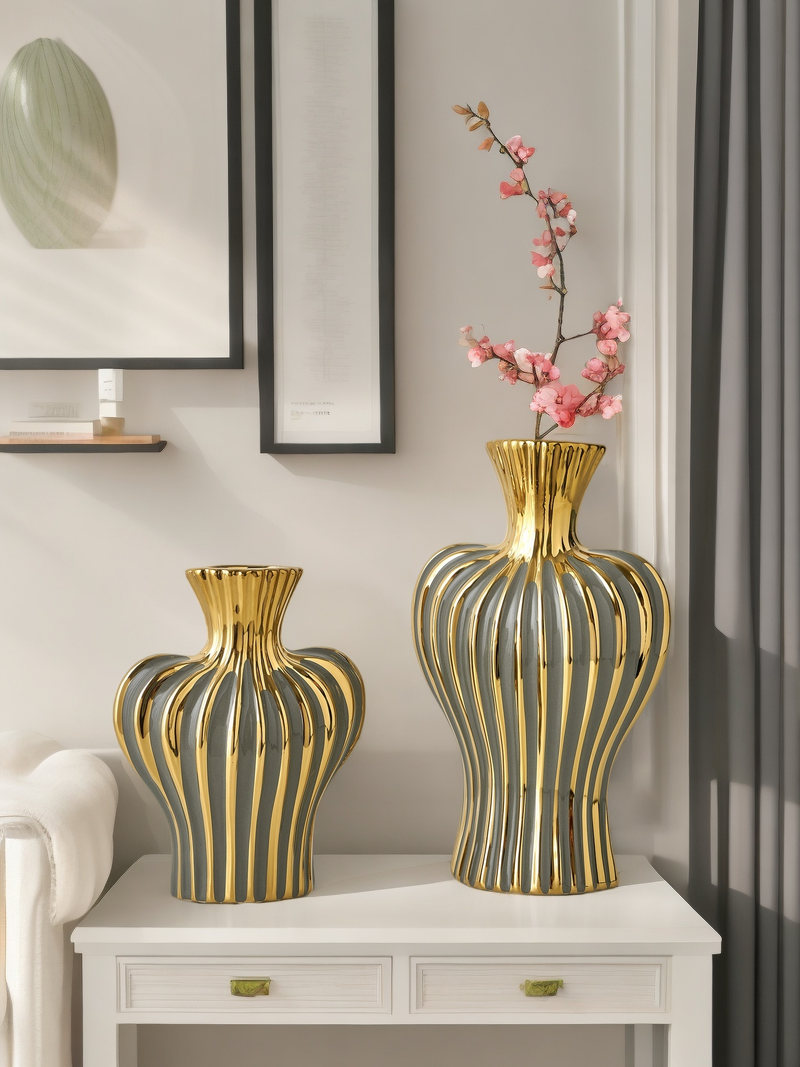 Vase en céramique à rayures de couleur assortie, design haut de gamme, idéal pour les décorations de scène haut de gamme et les fleurs._voghion.com