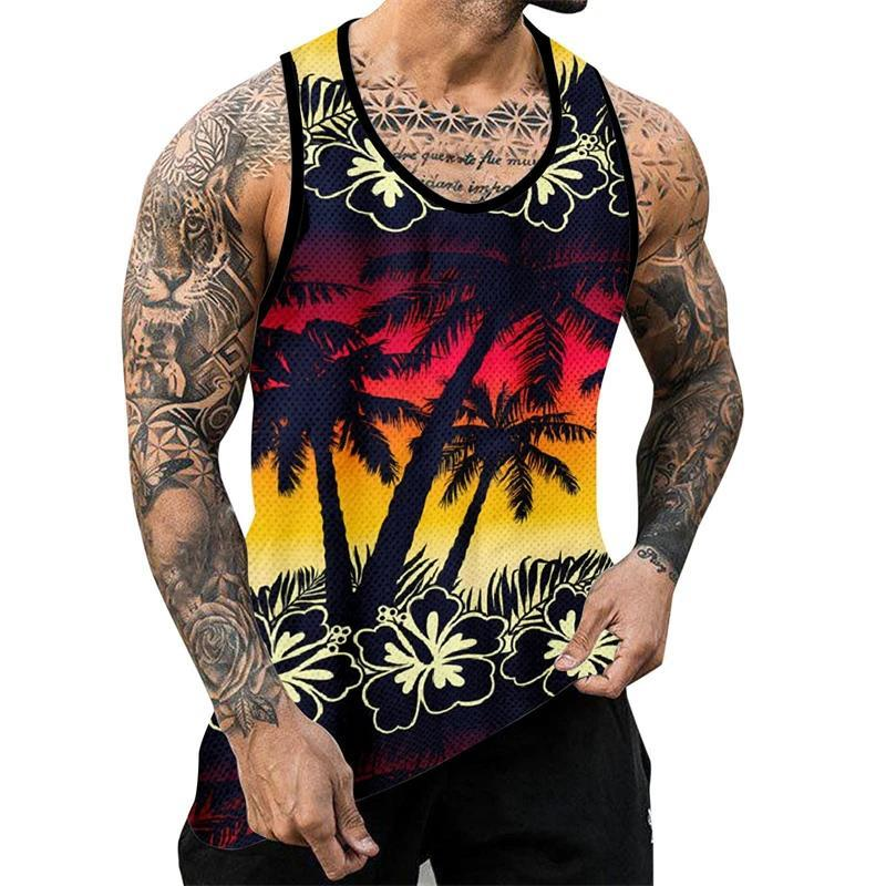 Men's Palm Tree Pattern Tank Top 3D Printed Beach Pattern Handsome Hawaiian Style T-shirt_voghion.com