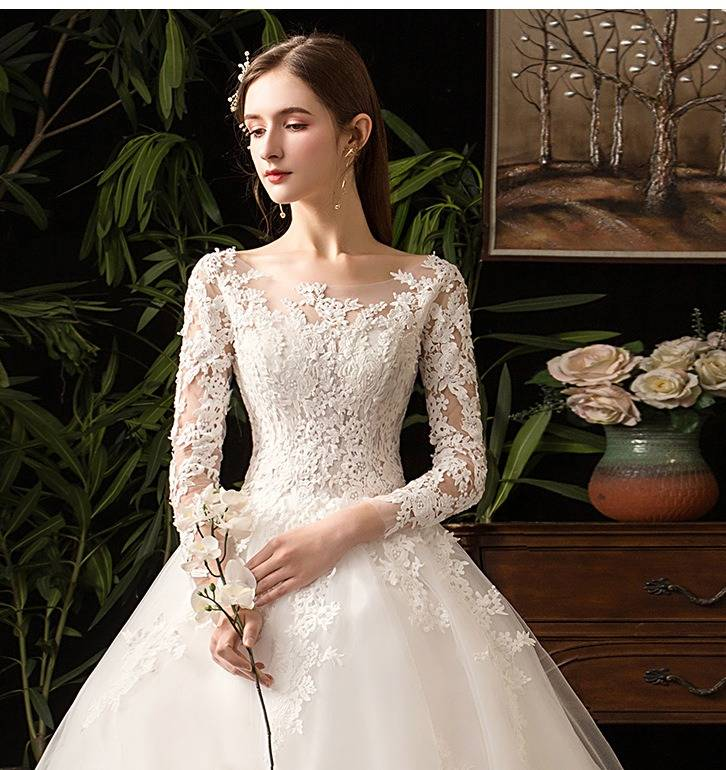 Elegant Long Sleeve Lace Wedding Dress For Bride, Princess Ball Gown With French Style, Plus Size Available_voghion.com