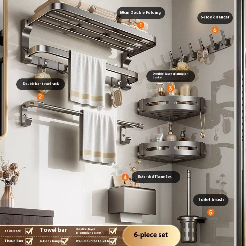 No Drill Space Aluminum Bathroom Towel Rack Set, Foldable Wall Mounted Modern Bathroom Organizer With Rust-Resistant Coating_voghion.com