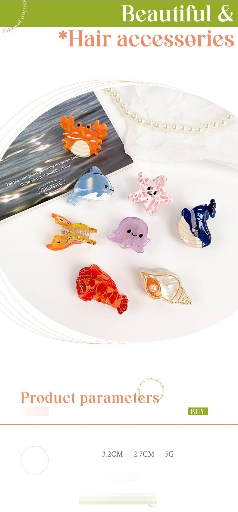 Piccola, squisita e carina clip in acetato a forma di tromba oceanica, conchiglia, accessori per capelli a forma di cartone animato, fermaglio per capelli a forma di delfino, accessori per donne_voghion.com