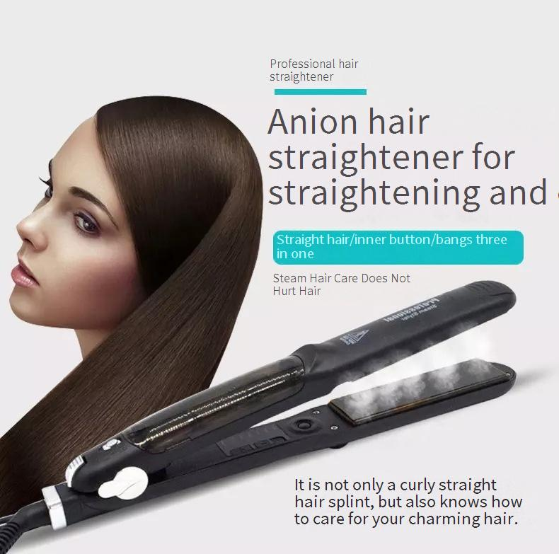 Professional Ceramic Tourmaline Flat Iron With Steam Spray & Dual Voltage (110-240V) – Straightener & Curler For All Hair Types (Black)_voghion.com