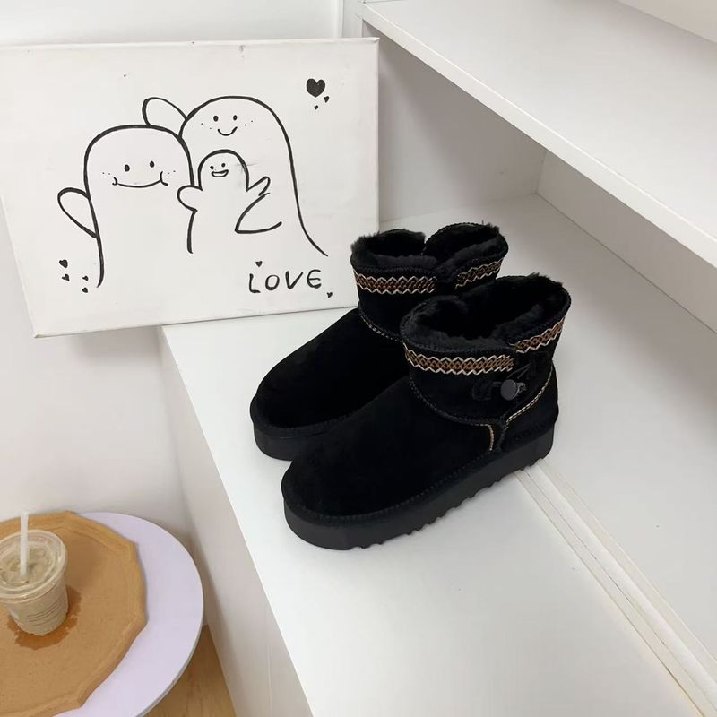 Winter New Short Boots Cowhide Snow Boots Women's Shoes Cow Horn Button Embroidery Thick Sole Warm And Non Slip Thick Snow Boots_voghion.com