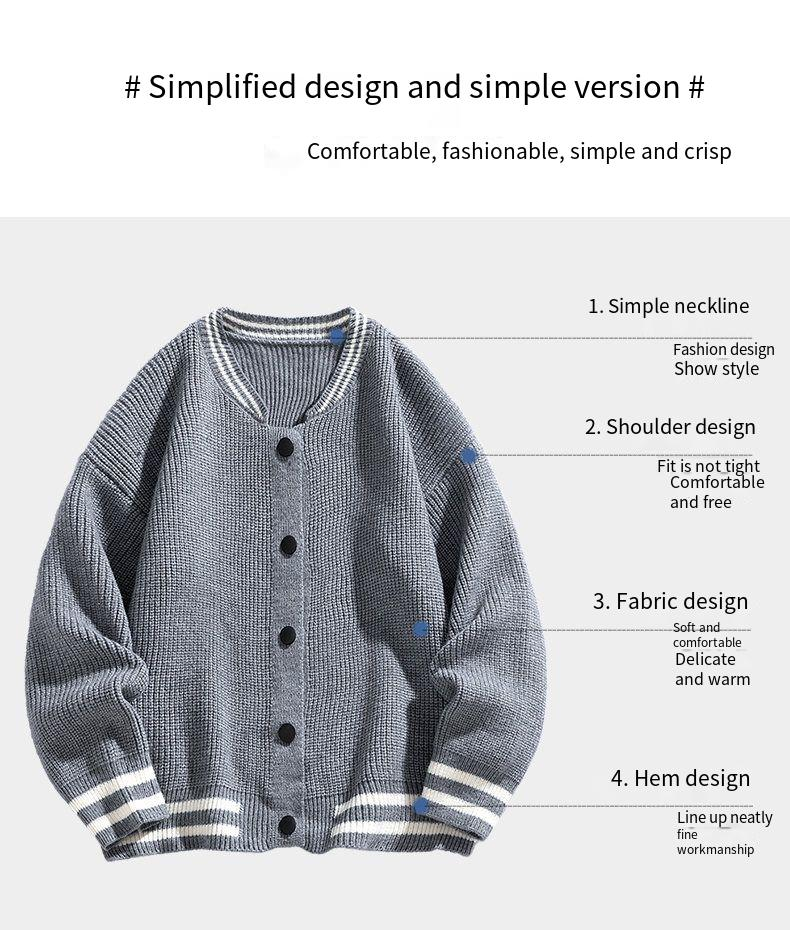 Strickjacke mit Baseballkragen – Übergroßer Strickpullover mit Jacquard-Design für Männer und Frauen (Grau, Schwarz, Armeegrün)_voghion.com