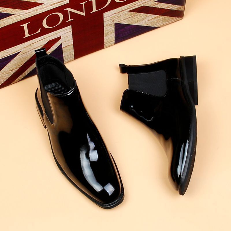 Chelsea Boots Herrenstiefel aus glänzendem Leder, kleiner quadratischer Kopf, kurze Stiefel, High-Top-Business-Lederschuhe, Lackleder-Herrenstiefel_voghion.com