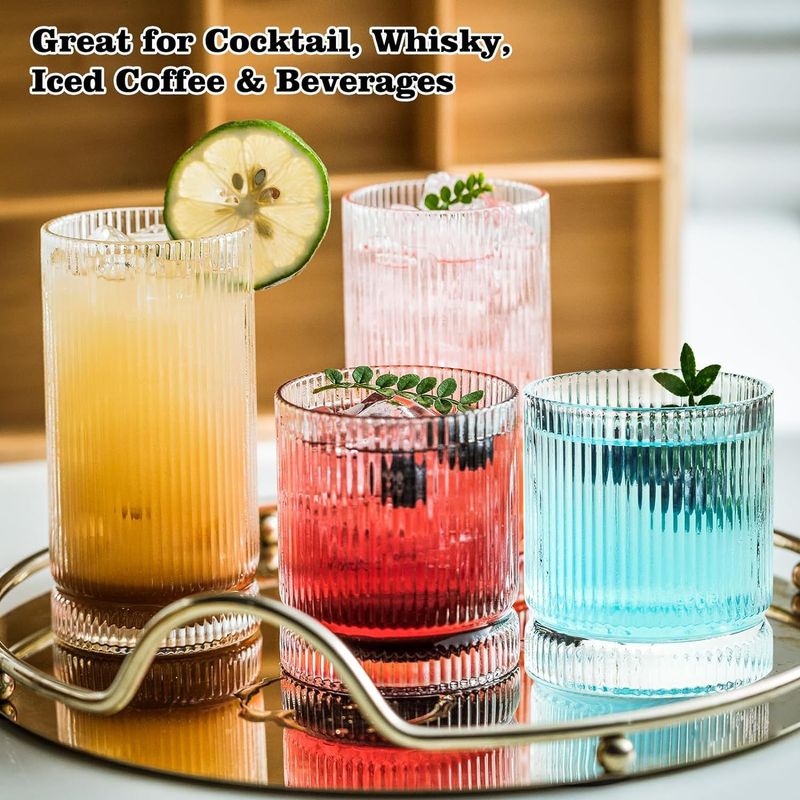 Copos de coquetel clássicos - Conjunto de copos de uísque com nervuras para uso em bar e casa (transparente, 12 oz, sem chumbo)_voghion.com