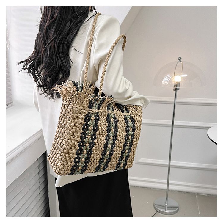 【Stile etnico】Borsa a tracolla alla moda in paglia color-block, borsa tote da vacanza di grande capacità_voghion.com