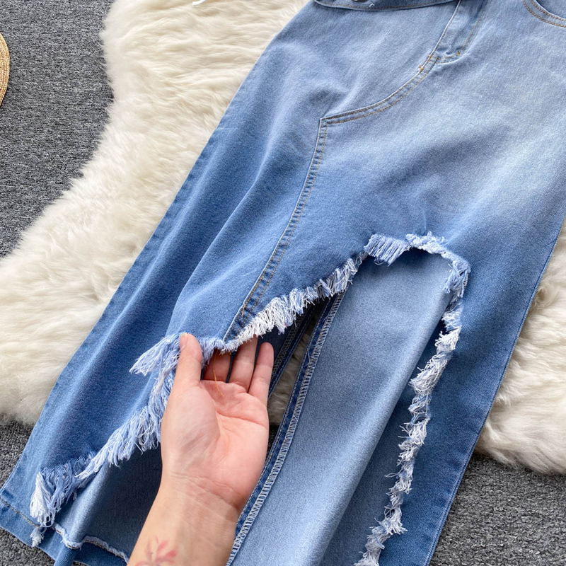 Women's Drawstring Lace-up Slouchy Vest Irregular Raw Edge Split Denim Half-body Skirt Two Piece Set_voghion.com