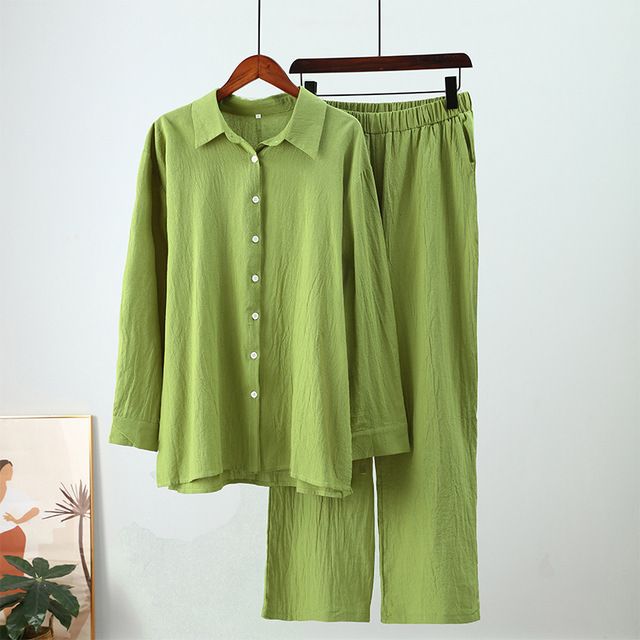 Damesshirt en broekpak, reversshirt met lange mouwen en elastische broek 2-delige set, modieus kantoorpak_voghion.com