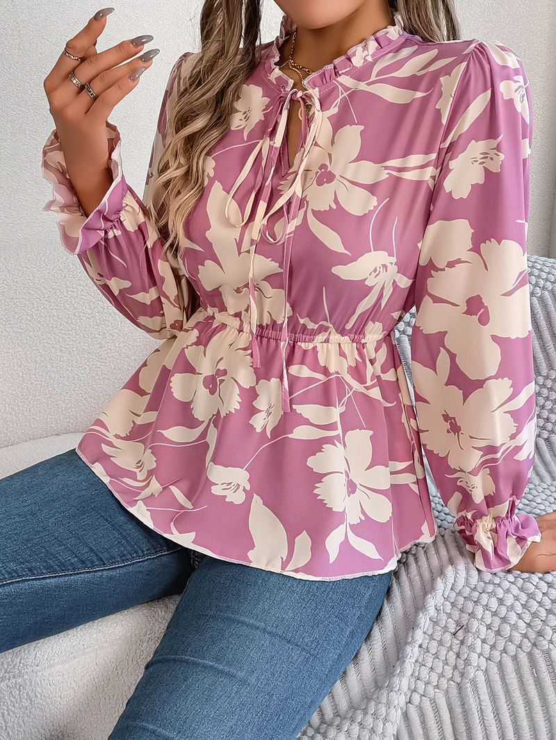 2025 herbst Winter Neue Casual Floral Lace-Up Langarm Chiffon Bluse frauen Mode_voghion.com