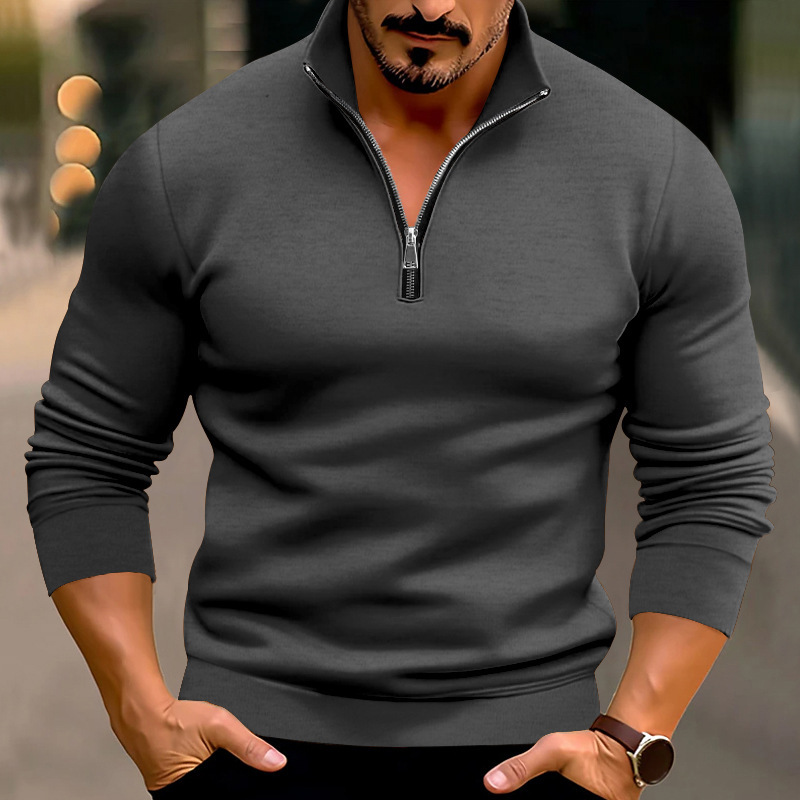 Unbeatable Quality 2024 New Autumn/Winter Men's Casual Solid Color Long Sleeved Half Zipped Standing Neck T-shirt Top For Men_voghion.com
