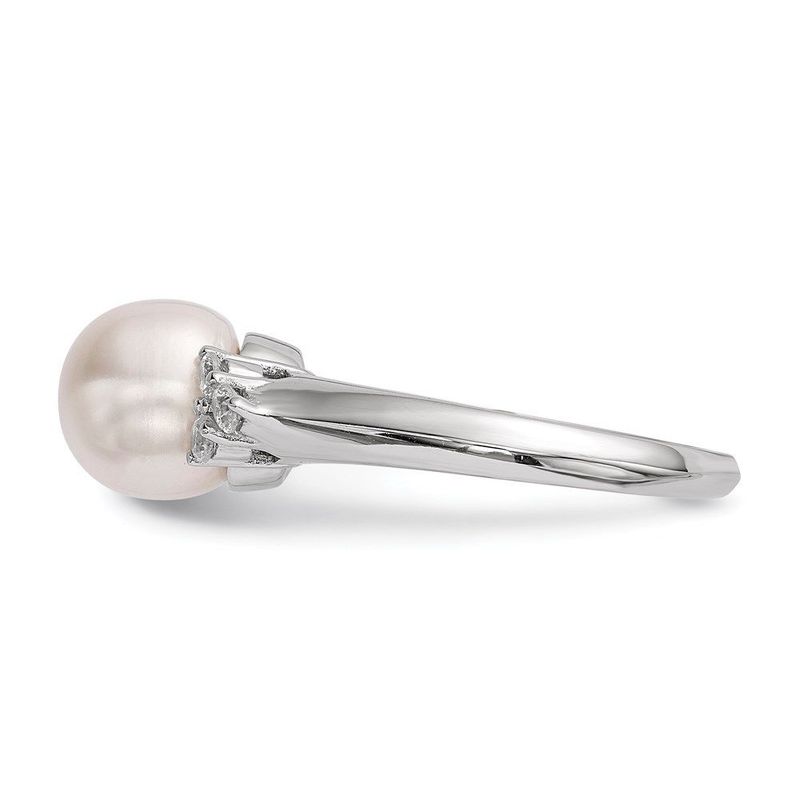 Sterling Silver Rhodium-plated 8-9mm White Button Freshwater Cultured Pearl And CZ Ring_voghion.com
