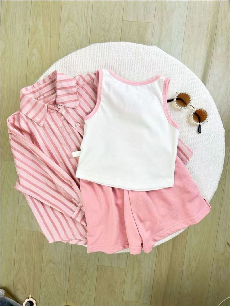 Kid's Clothing 2024 early autumn new girls' casual striped sunscreen shirt stylish vest shorts three piece set_voghion.com