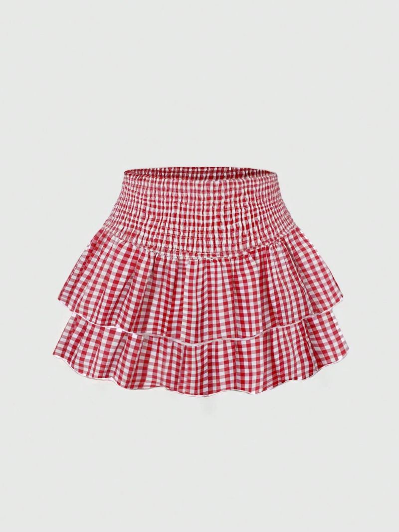 Gonna a quadri rossi e bianchi con orlo arricciato – Minigonna estiva casual (S/M/L/XL/XXL, poliestere, leggermente elasticizzata)_voghion.com