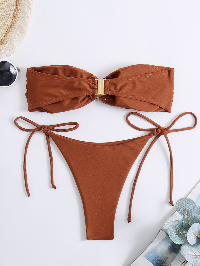 2025cross Border Nieuwe effen kleur split badpak in net rood badpak dames tube top bikini bikini_voghion.com