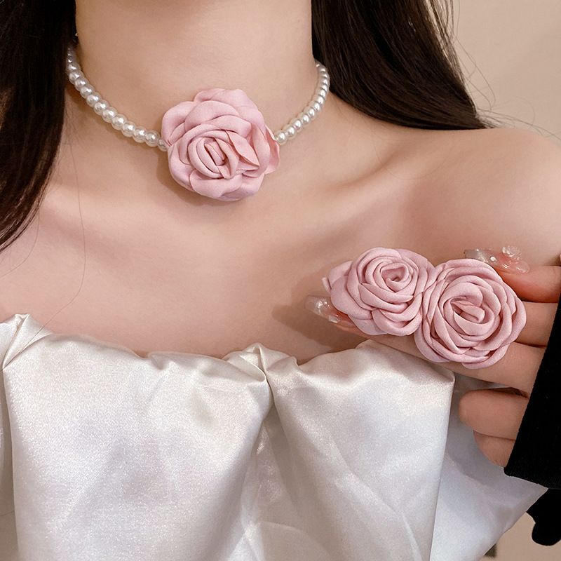 Collier ensemble de perles de fleurs en tissu, nouvelle chaîne minimaliste de clavicule perlée de tempérament doux français, décoration de cou pour_voghion.com