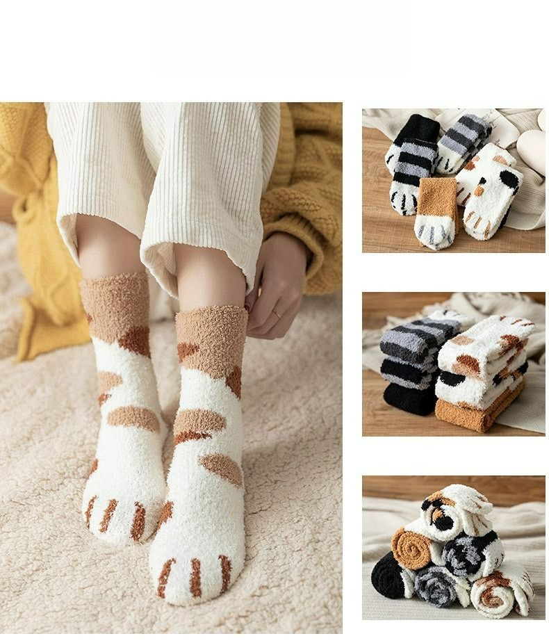 5 paia di calzini in pile corallo da donna, calzini termici in pile spesso per autunno e inverno, calzini tubolari medi, simpatici calzini da casa a forma di zampa di gatto, calzini da pavimento_voghion.com