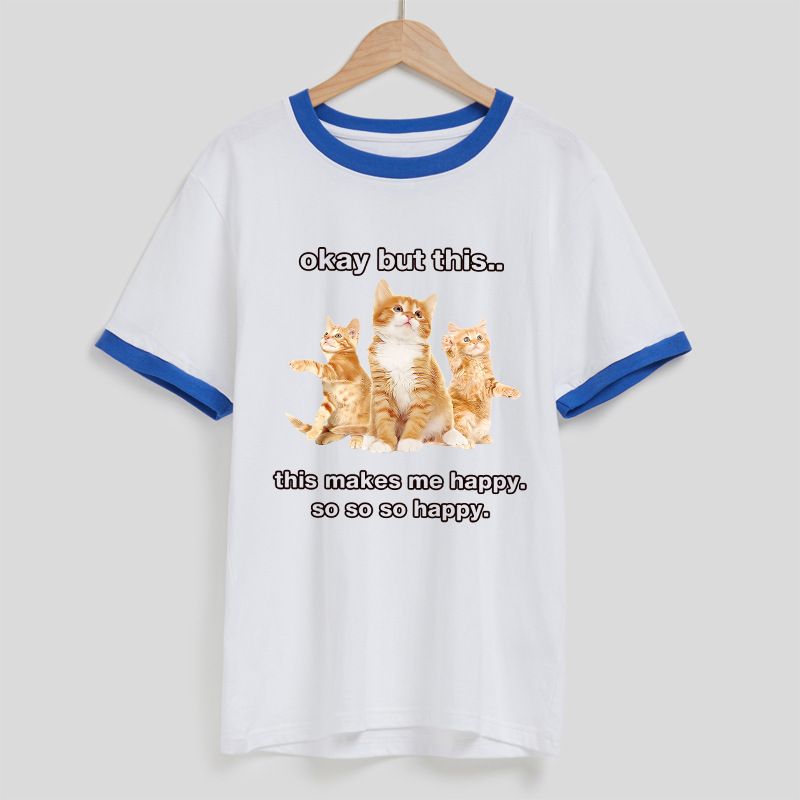 Loose Color Block Short Sleeve For Women With Back Collar, Summer Cat Print Round Neck Versatile T-shirt Wrinkle Dress_voghion.com