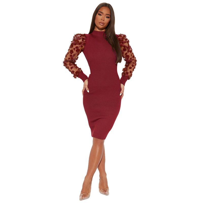 Abbigliamento da donna Elegante abito a coste con maniche in rete floreale e colletto a petalo 3D per donna_voghion.com