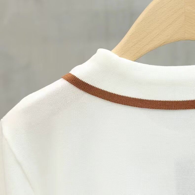 Polo estiva a righe da uomo, versatile, in seta ghiacciata fresca e a maniche corte, semplice e alla moda, con scollo rotondo._voghion.com