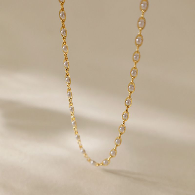 Kupfer Überzogene K Reales Gold Perle Schlüsselbein Kette INS Elegante Temperament Französisch Halskette Farbe Erhaltung Retro High-End_voghion.com