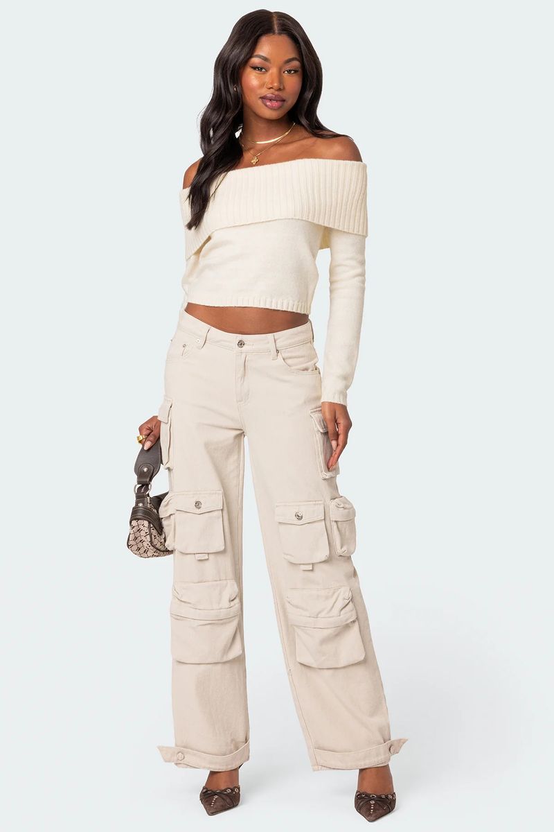 2025 Frühjahr Neues Strickoberteil Damen Einfarbiger Off-Shoulder Langarm Pullover_voghion.com