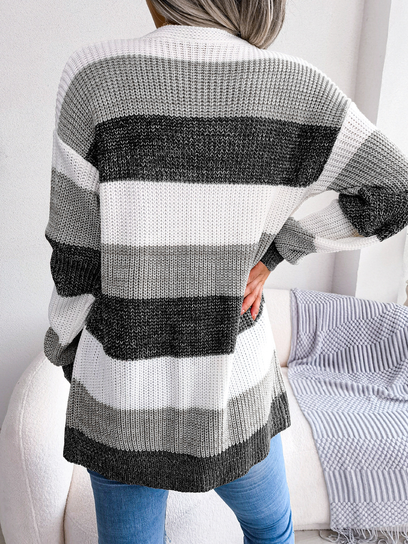 Cárdigan de manga larga abullonada con bloques de colores a rayas para mujer, suéter de punto ligero, holgado, informal, con frente abierto, abrigo, prendas de vestir exteriores_voghion.com