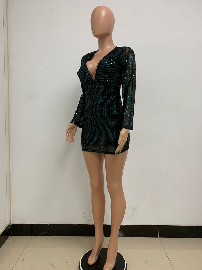 Women's fashion Deep V pleated long-sleeved dress Summer premium wrap hip halter sequin dress_voghion.com