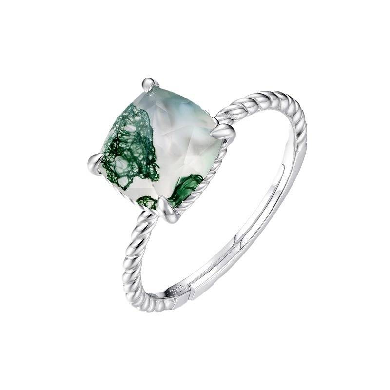 twisted Ring Wall Inlaid Water Grass Agate Ring S925 Silver Natural Green Moss Stone Open Ring Atmosphere_voghion.com