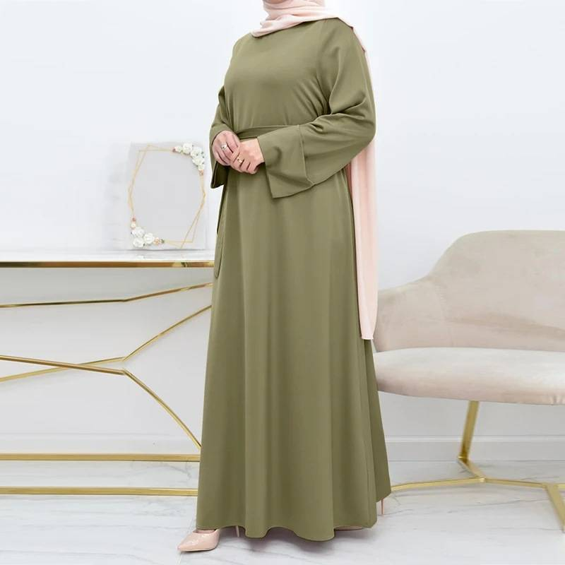 Vintage pavasara musulmaņu kleita malajiešu vienkārša, cieta sieviešu abaja O-kakla ar jostu liela izmēra garām piedurknēm halāts sieviešu vaļīga tītara kaftan_voghion.com