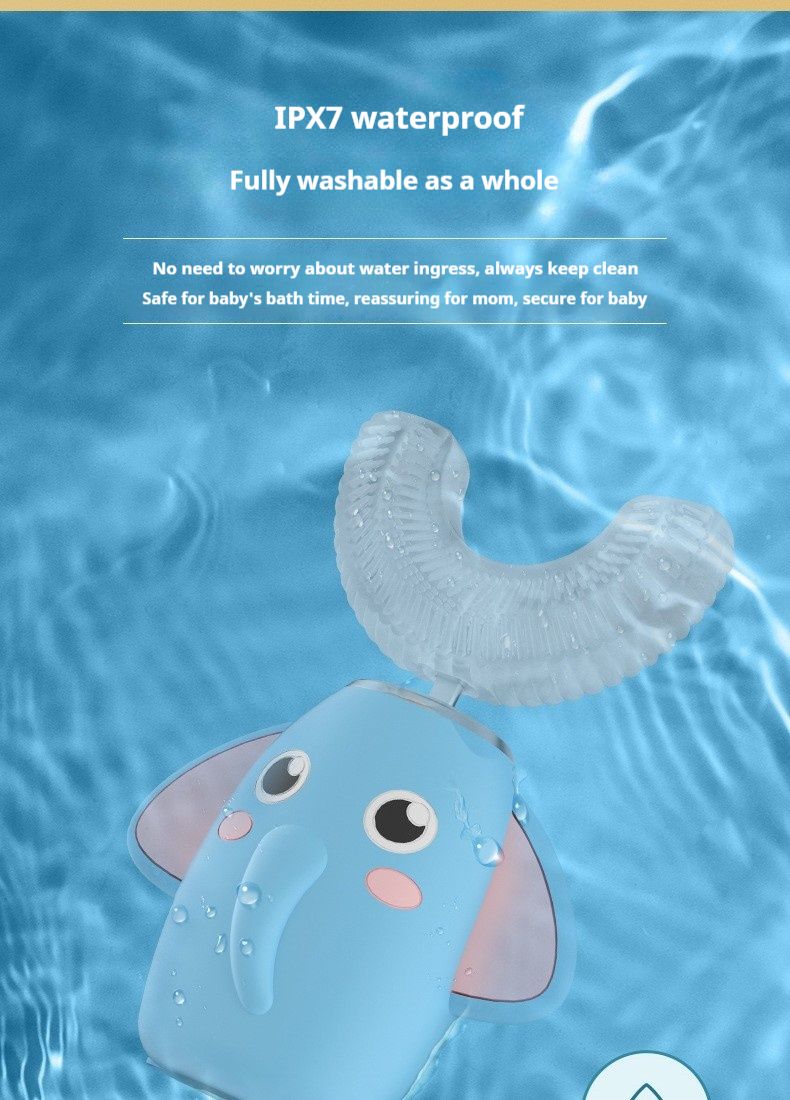 Cepillo de dientes eléctrico infantil en forma de U: 3 modos, limpieza de 360°, cerdas suaves de silicona, silencioso (36 dB), recargable, diseño de elefante (con pasta de dientes)_voghion.com