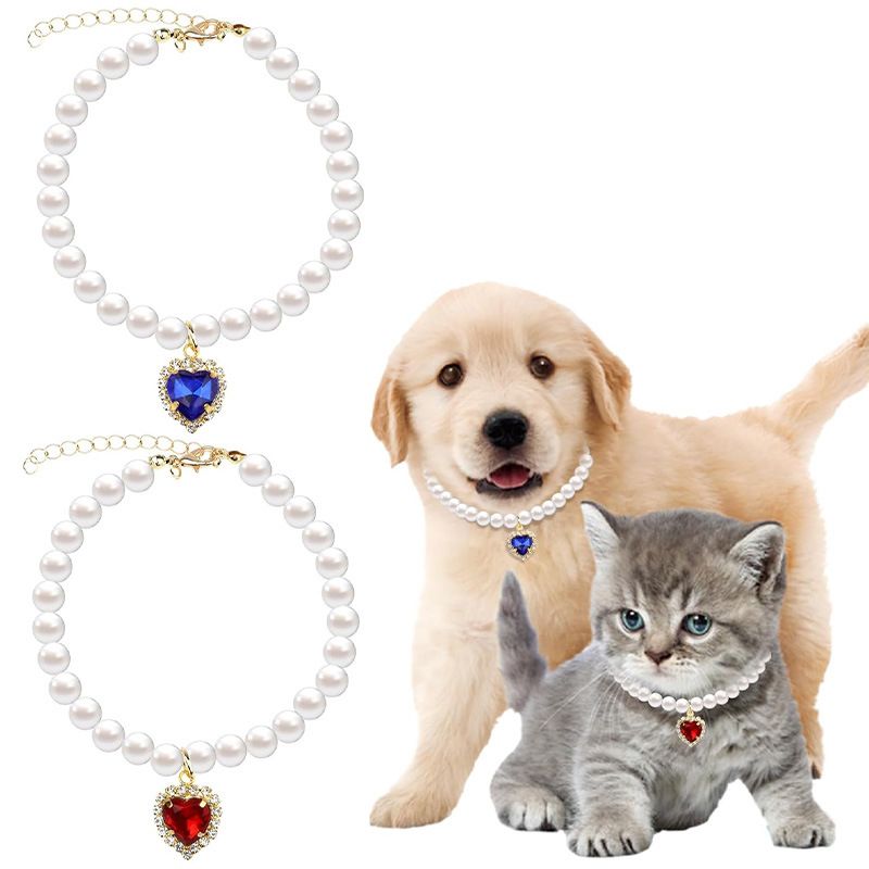 Collana in stile principessa di perle con ciondolo a forma di cuore colorato con strass, collare per animali domestici con dopamina per gatti e cani_voghion.com