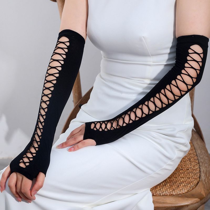 Neue schwarze Spitzen-Hochzeitshandschuhe für Damen, einfach, fingerlos, lang, atmungsaktiv, Sonnenschutzärmel, Kleidungszubehör_voghion.com