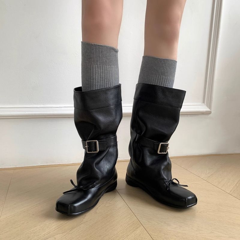 Rindsleder-Version ~ 5 cm versteckter Absatz, Design-Sinn, Ballett-Schleife, Wadenmitte, für Damen mit Gürtelschnalle, quadratische Zehenpartie, eleganter Slouch_voghion.com