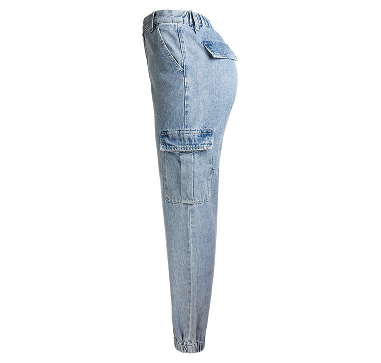 Women's clothing waist jeans Haren pants loose wide leg elastic waist large pocket cargo jeans_voghion.com