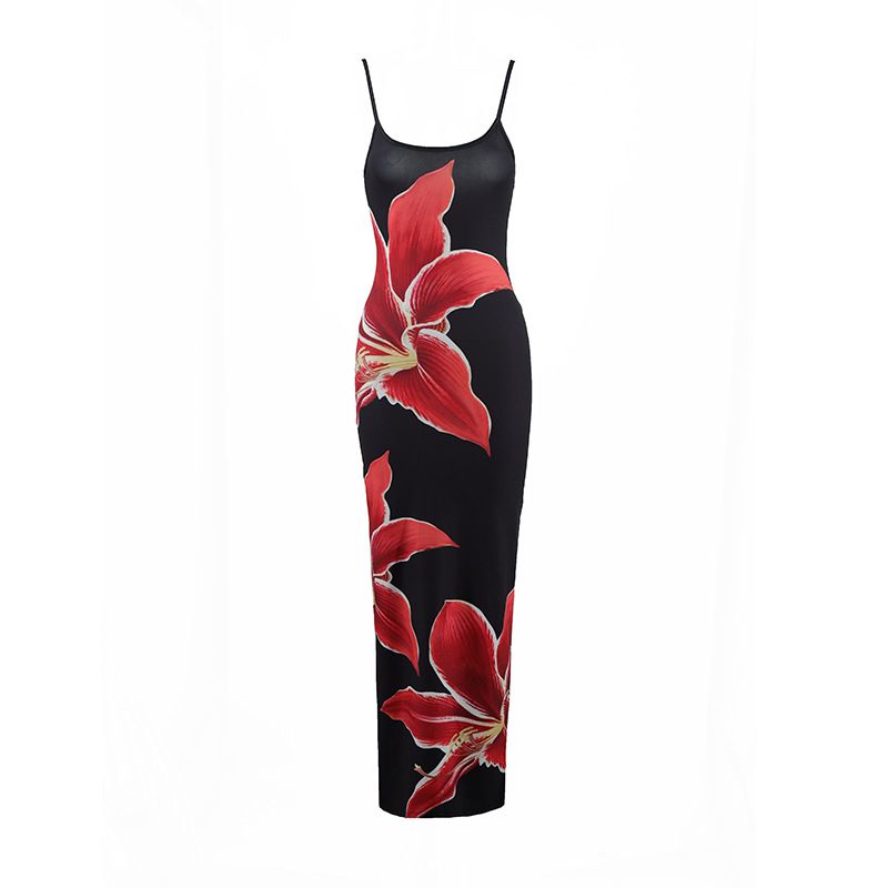 Damenbekleidung Sommer Neu Sexy Hosenträger Blumendruck Schlankes langes Kleid_voghion.com