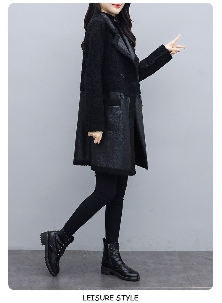 Pelliccia alla moda da donna con colletto spesso in velluto, indossa un cappotto ampio e grasso più in pelle su entrambi i lati_voghion.com